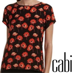 CAbi Flanders Black Red Poppy Print Short Sleeve Top Blouse Floral